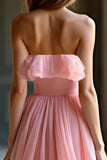 Princess Sweetheart Pink Pleated A Line Prom Dress with Ruffles