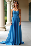 Blue Spaghetti Straps Pleated Backless A Line Prom Dress