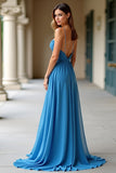 Blue Spaghetti Straps Pleated Backless A Line Prom Dress