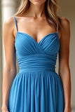 Blue Spaghetti Straps Pleated Backless A Line Prom Dress