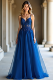 Dark Blue Spaghetti Straps Corset Applique A Line Prom Dress