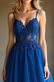 Dark Blue Spaghetti Straps Corset Applique A Line Prom Dress