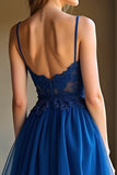 Dark Blue Spaghetti Straps Corset Applique A Line Prom Dress