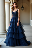 Navy Spaghetti Straps Sweetheart Corset Tiered A Line Prom Dress