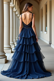 Navy Spaghetti Straps Sweetheart Corset Tiered A Line Prom Dress