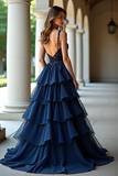 Navy Spaghetti Straps Sweetheart Corset Tiered A Line Prom Dress