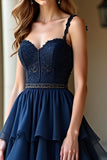 Navy Spaghetti Straps Sweetheart Corset Tiered A Line Prom Dress