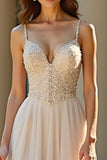 Glitter Champagne Spaghetti Straps A Line Long Prom Dress