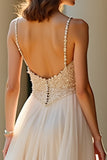 Glitter Champagne Spaghetti Straps A Line Long Prom Dress