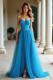 Blue Strapless Sweetheart A Line Long Prom Dress with Slit