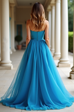 Blue Strapless Sweetheart A Line Long Prom Dress with Slit