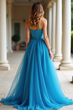 Blue Strapless Sweetheart A Line Long Prom Dress with Slit