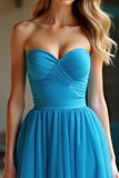 Blue Strapless Sweetheart A Line Long Prom Dress with Slit