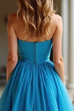 Blue Strapless Sweetheart A Line Long Prom Dress with Slit