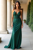 Dark Green Spaghetti Straps Applique Sheath Long Prom Dress