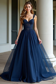 Navy Corset Sweetheart A Line Pleated Long Prom Dress