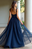 Navy Corset Sweetheart A Line Pleated Long Prom Dress