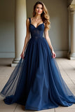 Navy Corset Sweetheart A Line Pleated Long Prom Dress