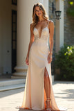 Champagne Spaghetti Straps Applique Sheath Prom Dress with Slit