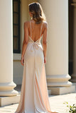 Champagne Spaghetti Straps Applique Sheath Prom Dress with Slit