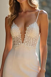 Champagne Spaghetti Straps Applique Sheath Prom Dress with Slit