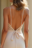 Champagne Spaghetti Straps Applique Sheath Prom Dress with Slit