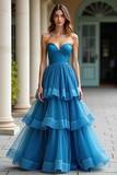 Blue Strapless Sweetheart Tiered A Line Maxi Prom Dress