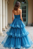 Blue Strapless Sweetheart Tiered A Line Maxi Prom Dress