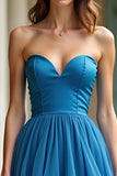 Blue Strapless Sweetheart Tiered A Line Maxi Prom Dress