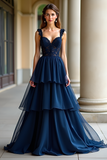 Navy Sweetheart Applique Tiered A Line Floor Length Prom Dress