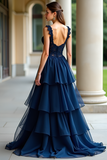 Navy Sweetheart Applique Tiered A Line Floor Length Prom Dress