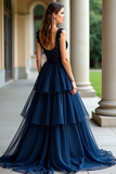 Navy Sweetheart Applique Tiered A Line Floor Length Prom Dress