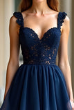 Navy Sweetheart Applique Tiered A Line Floor Length Prom Dress