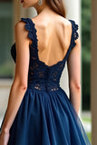 Navy Sweetheart Applique Tiered A Line Floor Length Prom Dress