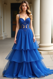 Royal Blue Corset Applique Tiered A Line Floor Length Prom Dress