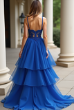 Royal Blue Corset Applique Tiered A Line Floor Length Prom Dress