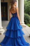 Royal Blue Corset Applique Tiered A Line Floor Length Prom Dress