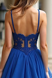 Royal Blue Corset Applique Tiered A Line Floor Length Prom Dress