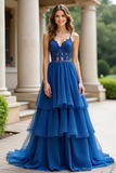 Dark Blue Corset Applique A Line Tiered Prom Dress