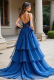 Dark Blue Corset Applique A Line Tiered Prom Dress