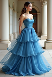 Princess Ball Gown Blue Strapless A Line Tiered Prom Dress