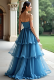 Princess Ball Gown Blue Strapless A Line Tiered Prom Dress