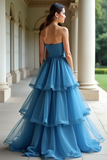 Princess Ball Gown Blue Strapless A Line Tiered Prom Dress