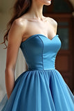 Princess Ball Gown Blue Strapless A Line Tiered Prom Dress