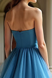 Princess Ball Gown Blue Strapless A Line Tiered Prom Dress