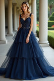 Navy A Line Tiered Applique Backless Prom Dress