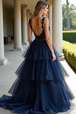 Navy A Line Tiered Applique Backless Prom Dress