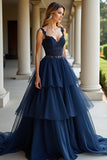 Navy A Line Tiered Applique Backless Prom Dress