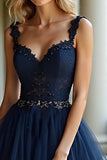 Navy A Line Tiered Applique Backless Prom Dress