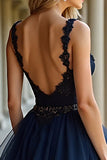 Navy A Line Tiered Applique Backless Prom Dress